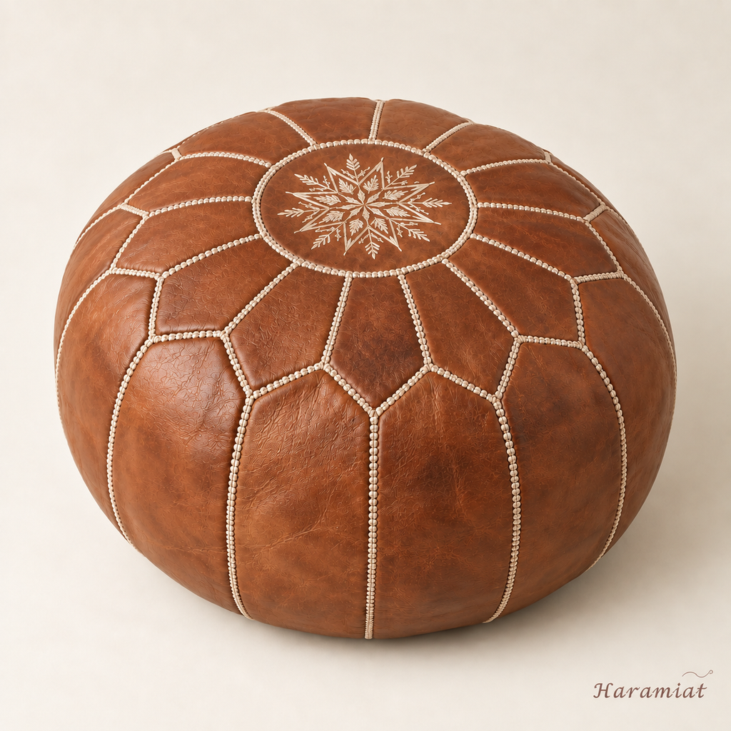 Embroidered Moroccan Leather Pouf - Second Quality