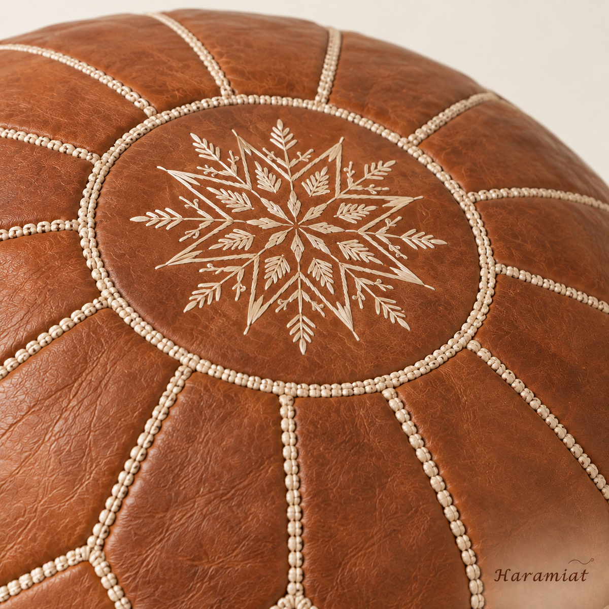 Embroidered Moroccan Leather Pouf - Second Quality
